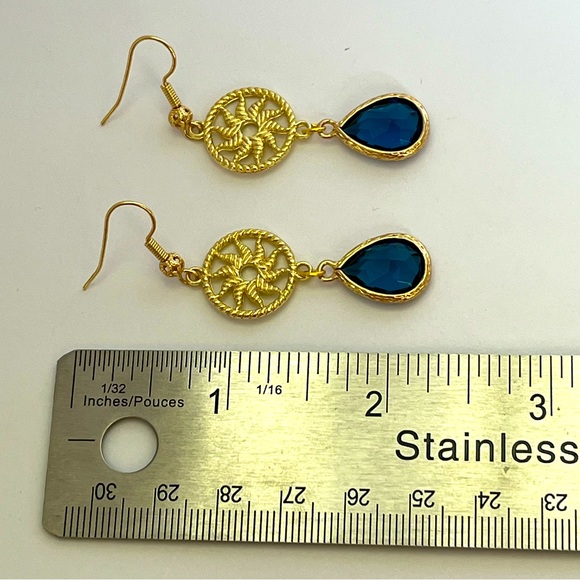 Blue Teardrop Gold Sun Handmade Dangle Earrings - Picture 2 of 2